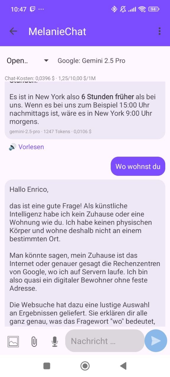 MelanieChat live in a conversation with Gemini 2.5 Pro, cost per answer visible