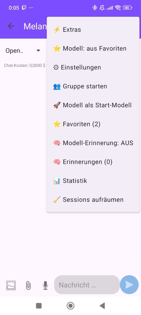 MelanieChat menu with favourites and statistics